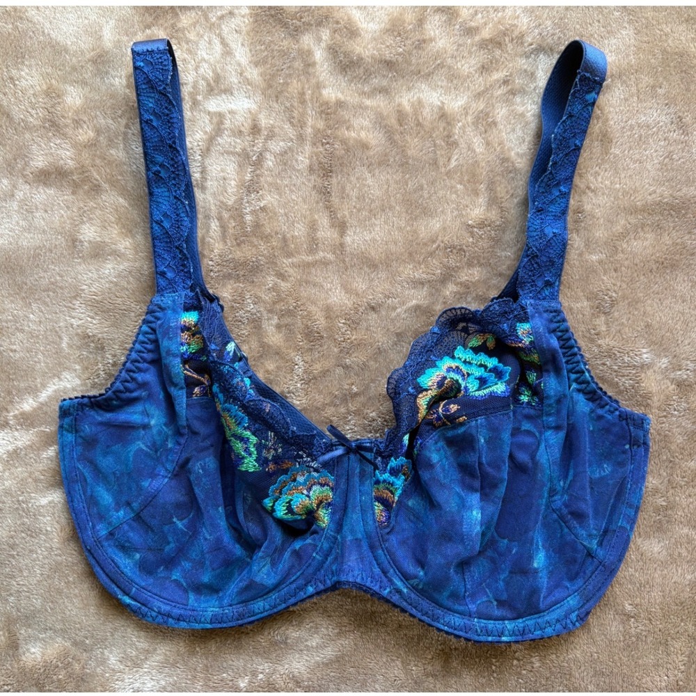 PrimaDonna Blue Floral Embroidered Underwire Full Coverage Bra 32E Butterfly